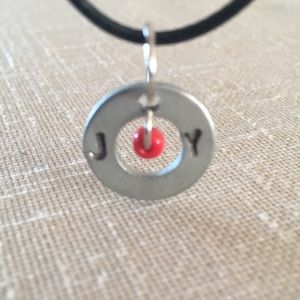 JOY Stamped Washer Handcrafted Pendant Necklace with Red Bead